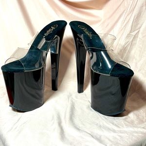 NWT Pleaser 8” heels black with clear straps style XTM802